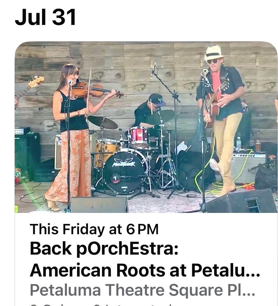 Back pOrchEstra at Petaluma Theatre Square Plaza, Fri. eve. July 31,  6:00-8:00 pm 