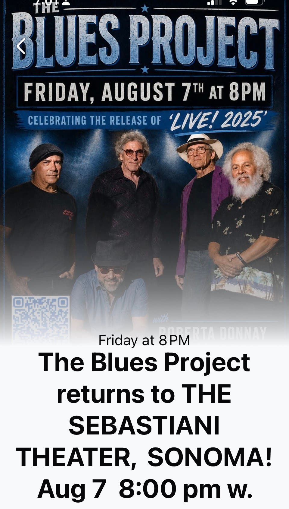The Blues Project returns to THE SEBASTIANI THEATRE, Fri, Aug 7, 2026, 476 1st St., Sonoma, CA