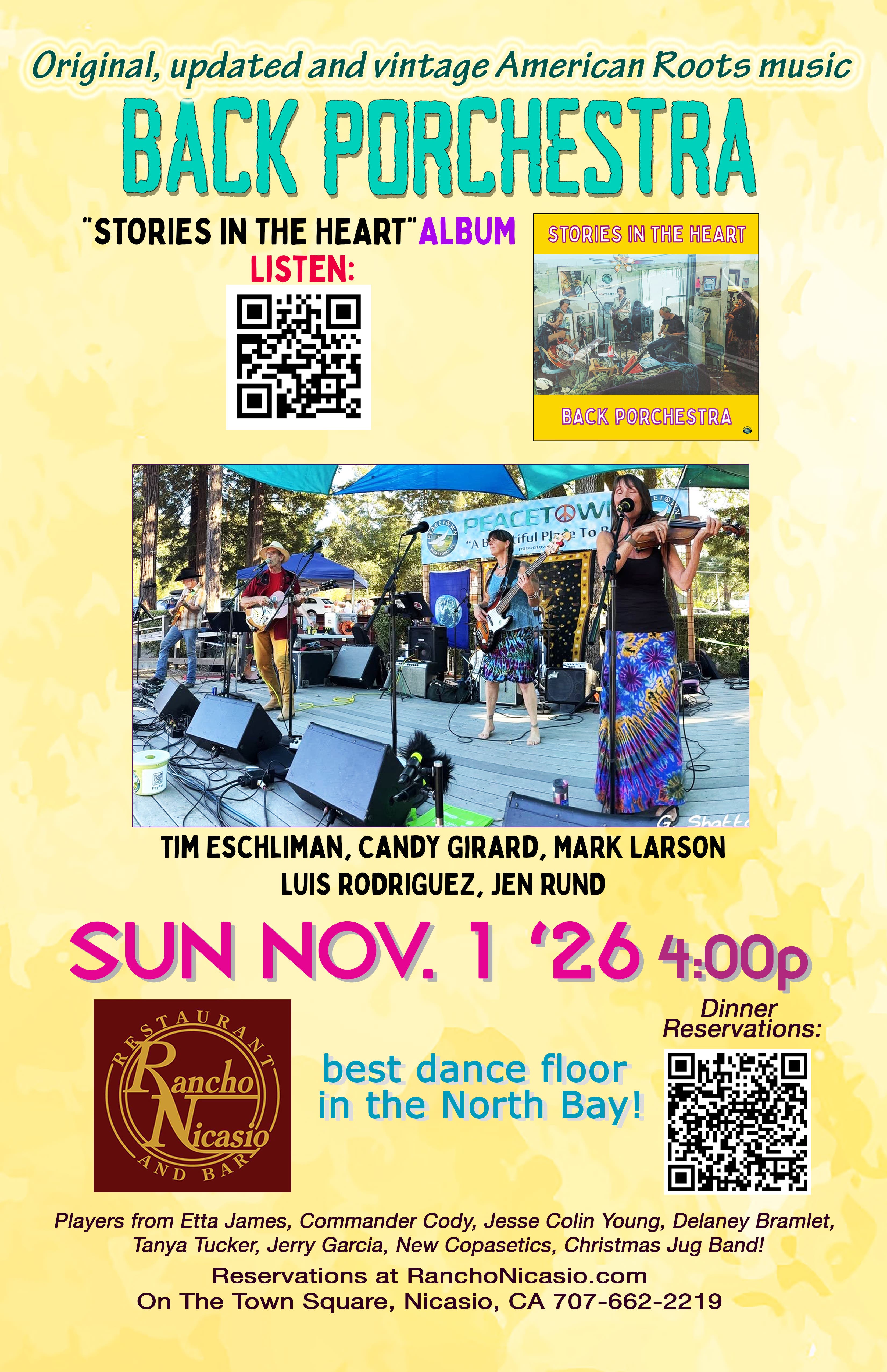 Nov. 1: Back Porch-Estra's American Roots music...at Rancho Nicasio Restaurant & Bar