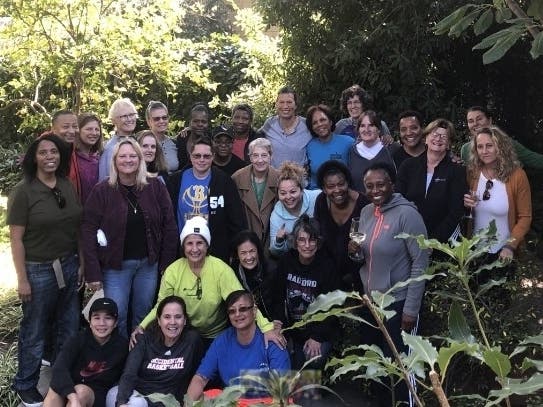 Founder Louise Jones, center, surrounded by other members of the Pasadena Senior Center Women’s Basketball League.