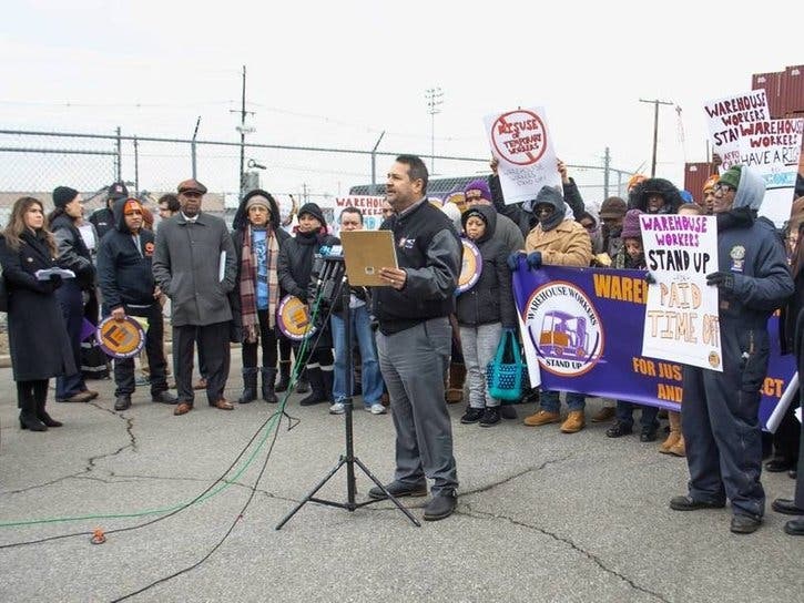 Warehouse workers rally in Newark, New Jersey in December 2018.
