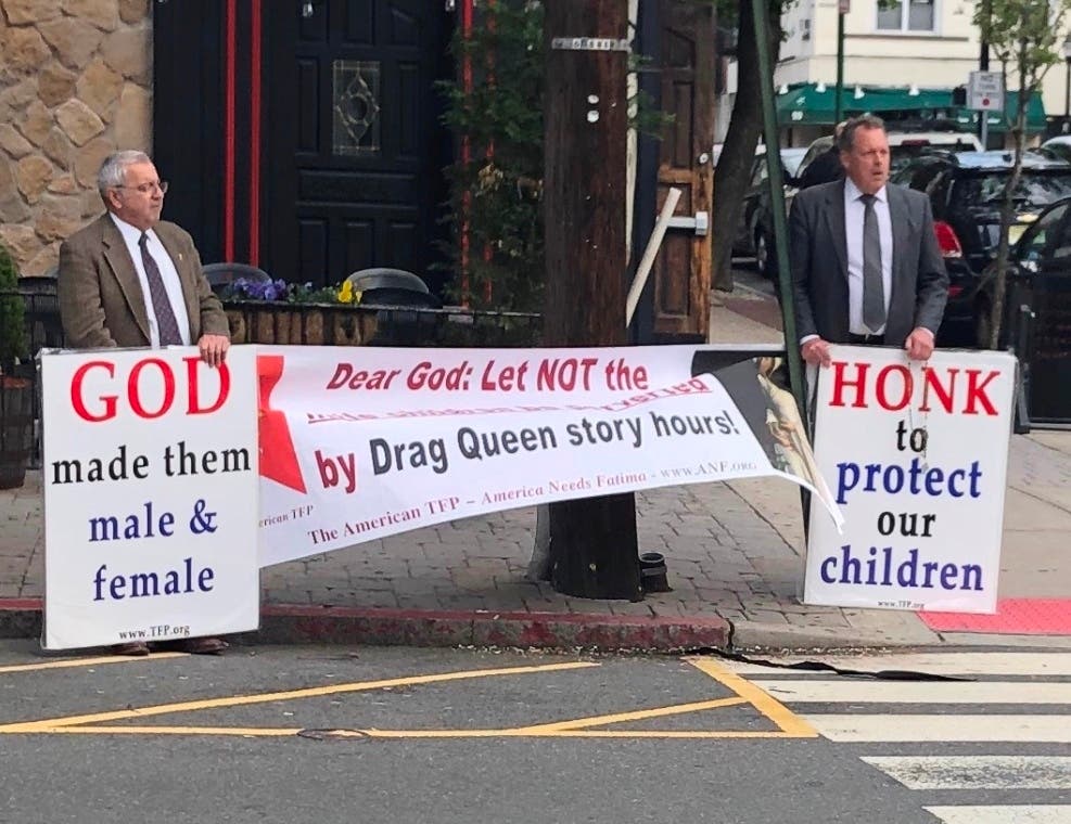 Conservative protesters rally outside a “Drag Queen Story Hour” event in Hoboken on April 27, 2019.