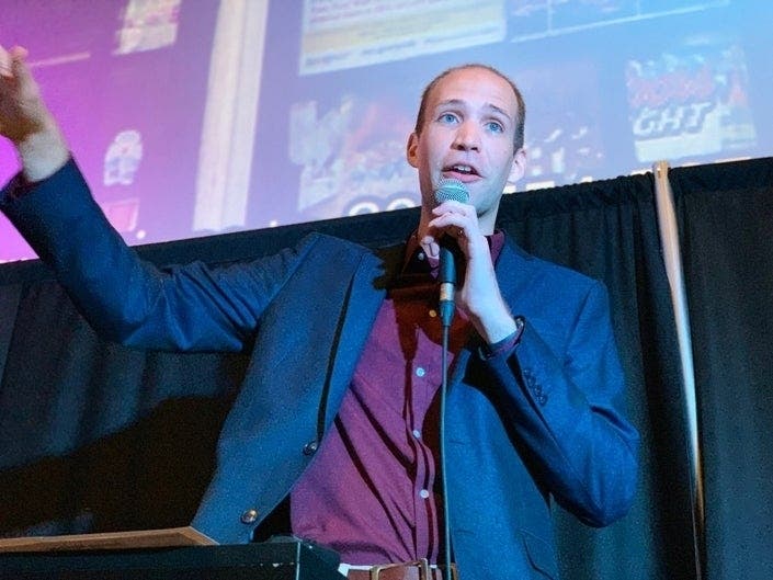 Pastor Matt Lytikainen preaches to the congregation at a May 2019 preview service.