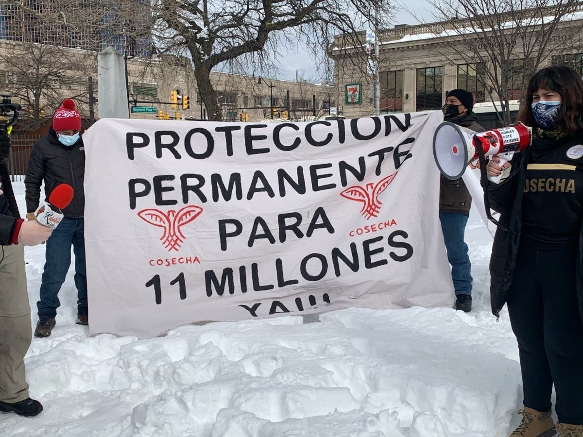 Protesters in Newark, NJ demand the release of federal ICE detainees during a rally on Feb. 3, 2021.