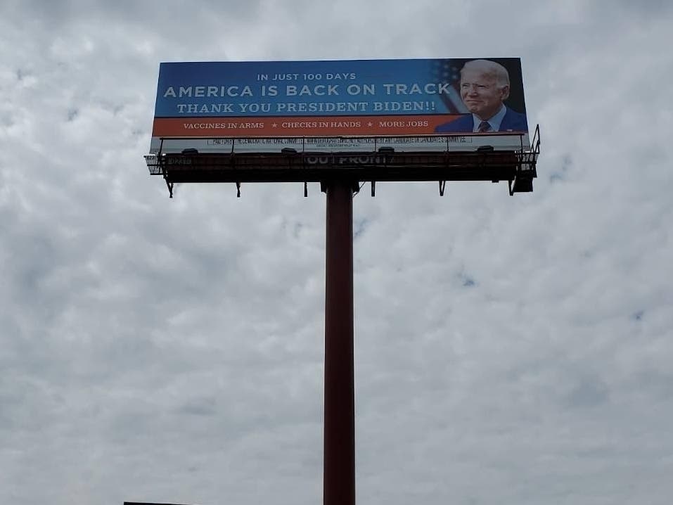 The Democratic National Committee recently gave a shout out to President Joe Biden with a huge billboard ad in Newark, New Jersey commemorating his 100th day in office.