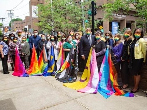 Newark Beth Israel Medical Center and Children’s Hospital of New Jersey President and Chief Executive Officer Darrell Terry Sr. celebrate national LGBTQ+ Pride Month alongside Newark Beth Israel employees and senior leaders.