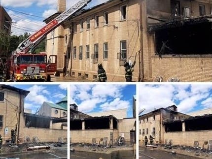 A Newark firefighter suffered second-degree burns to his ears and neck while fighting a two-alarm blaze in the rectory of St. Lucy’s Church on Monday, authorities said.
