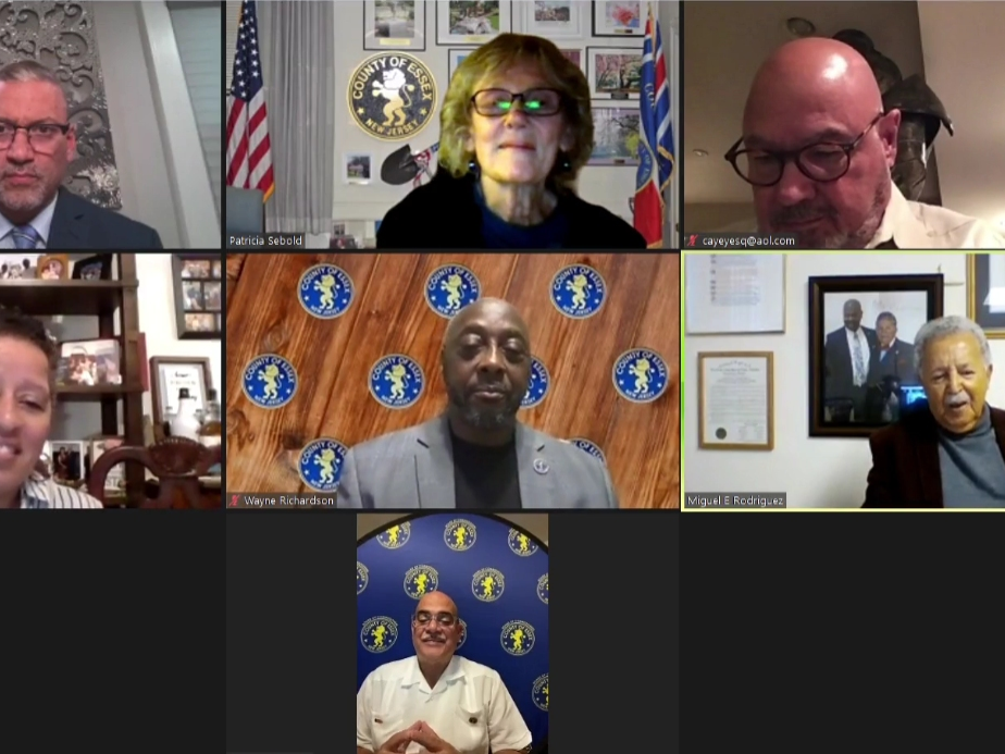 Essex County Commissioners Hispanic Heritage Month honorees Dr. Jose Aviles and Martha Felix (left), the Honorable Carlos Gonzalez and Miguel E. Rodriguez (right). Commissioners Patricia Sebold, President Wayne L. Richardson, Robert Mercado (middle).