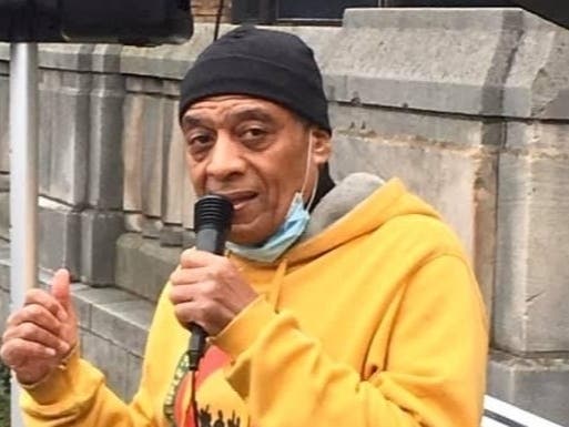 Larry Hamm speaks at a rally to promote student activism in Newark, NJ on March 24, 2021.