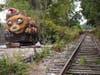 A huge cat structure is just one of many strange items left along an abandoned stretch of railway in North Jersey and documented by photojournalist Wheeler Antabanez.