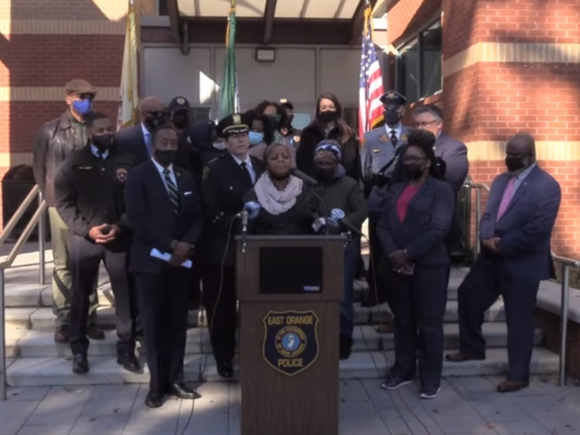 Jamie Moore speaks alongside authorities at a news conference in East Orange, New Jersey on Nov. 5.