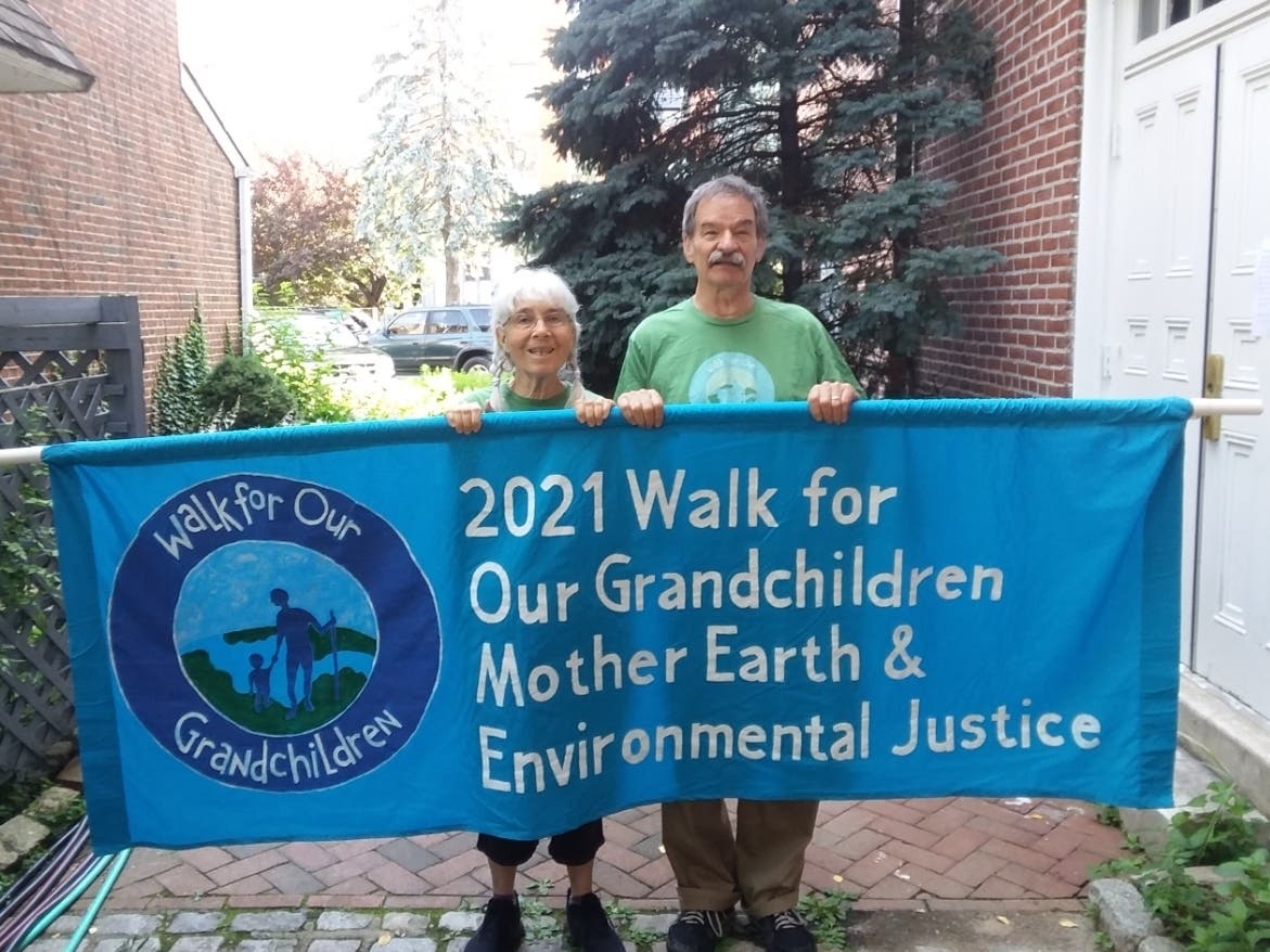 Ted Glick and Jane Califf participate in the “Walk For Our Grandchildren” from Scranton, PA, to Wilmington, DE, in June 2021.