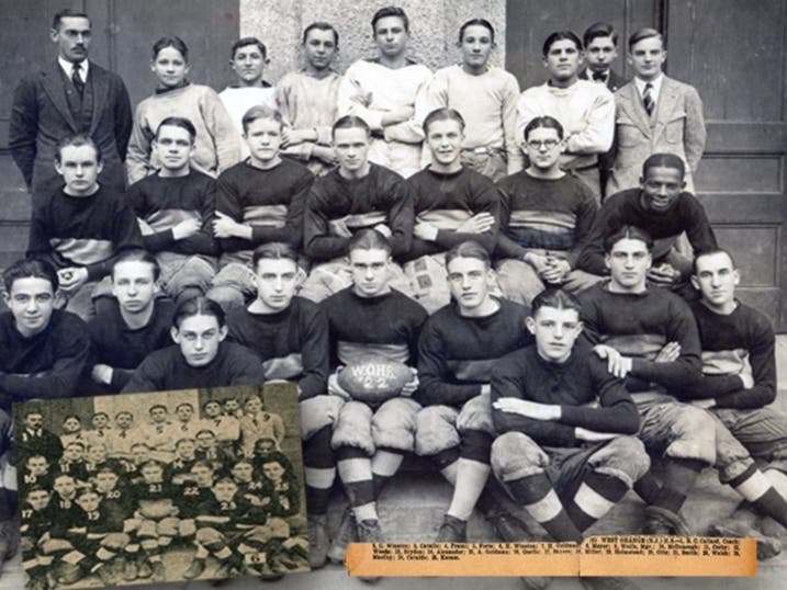 A 1922 photo of the WOHS football team is seen with unidentified players. The inset shows a magazine clipping of the same photograph that helped identify all their names.