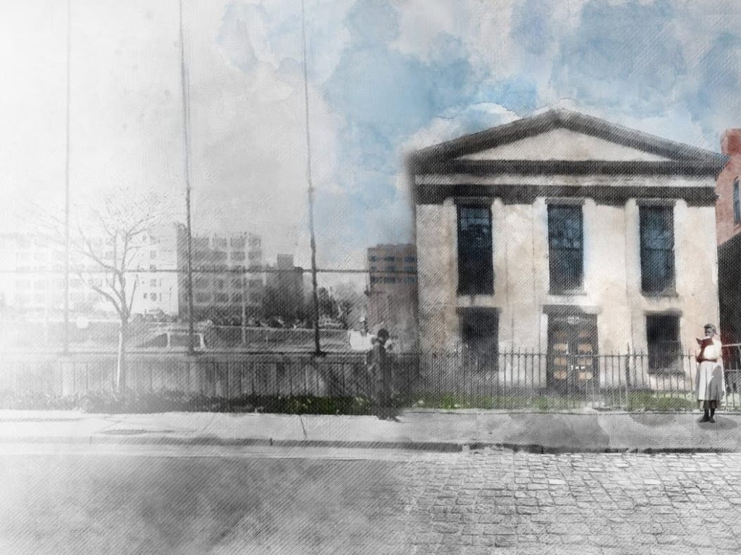 A watercolor rendering of Plane Street Colored Church