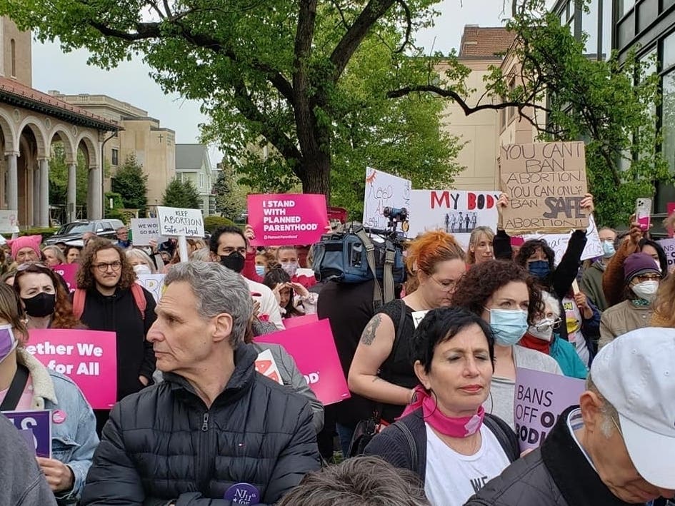 People gather in Montclair, New Jersey for a “Bans Off Our Bodies” rally on May 3, 2022.