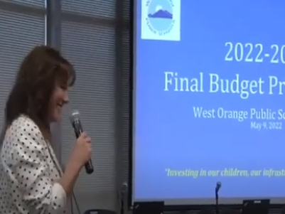 Interim Superintendent C. Lauren Schoen discusses the West Orange Public School District budget for 2022-2023 at a board of education meeting on May 9.