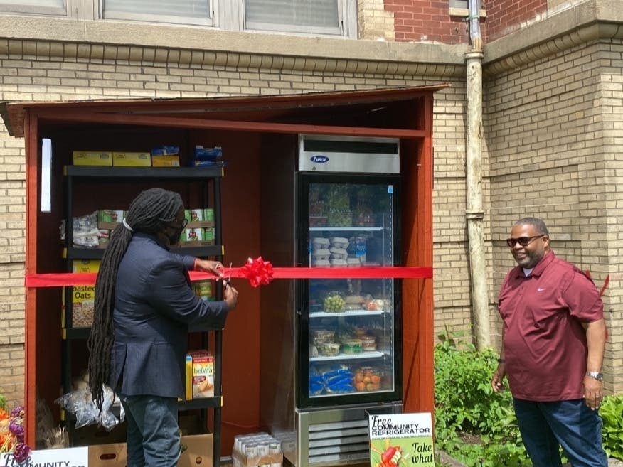 A free community refrigerator at Avon Avenue Elementary School is part of an initiative spearheaded by United Community Corporation to bring food directly to members of Newark’s food deserts.