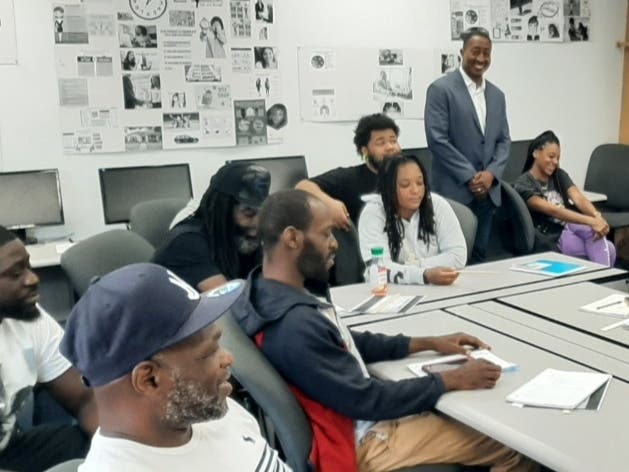 East Orange Mayor Ted Green visits the first cohort of students participating in the city's Free Training Program in the Construction Trades held at National Career Institute in East Orange.