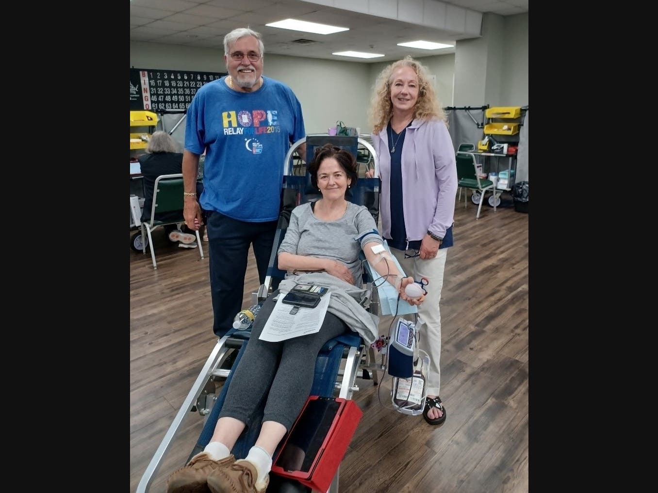 Nutley’s 2022 Anne Rotunda Blood Drive enabled nonprofit Vitalant to collect 23 pints of blood from donors. Above, Jim Rotonda (Anne’s brother), blood donor Rachel Pernia and Meredith Blank.