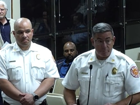 Montclair Fire Chief John Herrmann (right) speaks during the Town Council meeting on Wednesday in support of the town's renewed fire services contract with Glen Ridge.