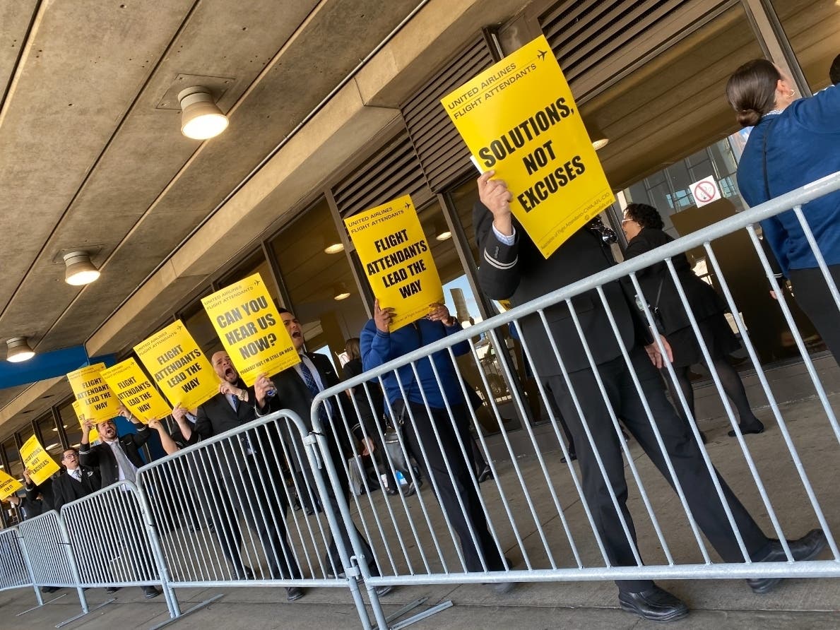 United Airlines workers represented by the Association of Flight Attendants (AFA-CWA) held demonstrations outside airports across the nation on Tuesday, including at Newark Airport in New Jersey.