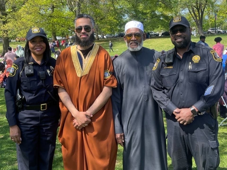 Essex County echoed with wishes of “Eid Mubarak” on Friday as Ramadan fasting came to an end for 2023. Above, Newark police detectives celebrate with community members in Branch Brook Park.