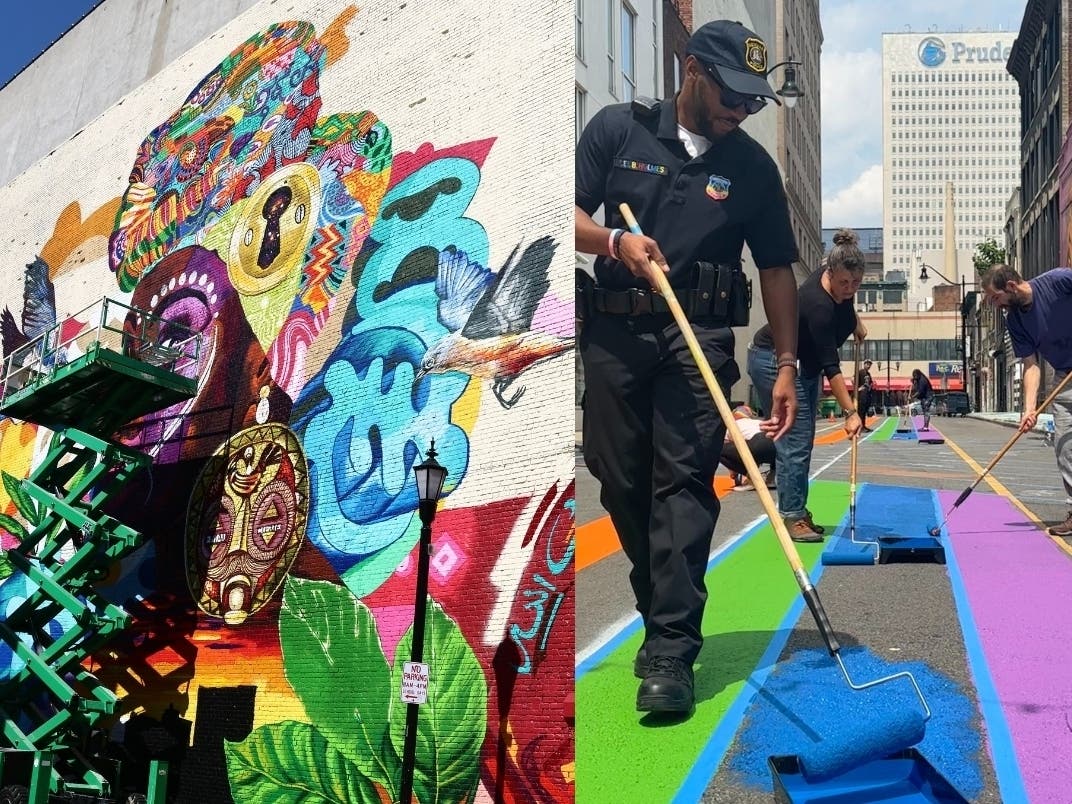 Artist Mohammad “Moh” Awudu and local officials recently unveiled a towering, 60-foot-tall mural in Essex County that celebrates his West African roots. Nearby, community members recently rolled up their sleeves to create a large Pride mural.