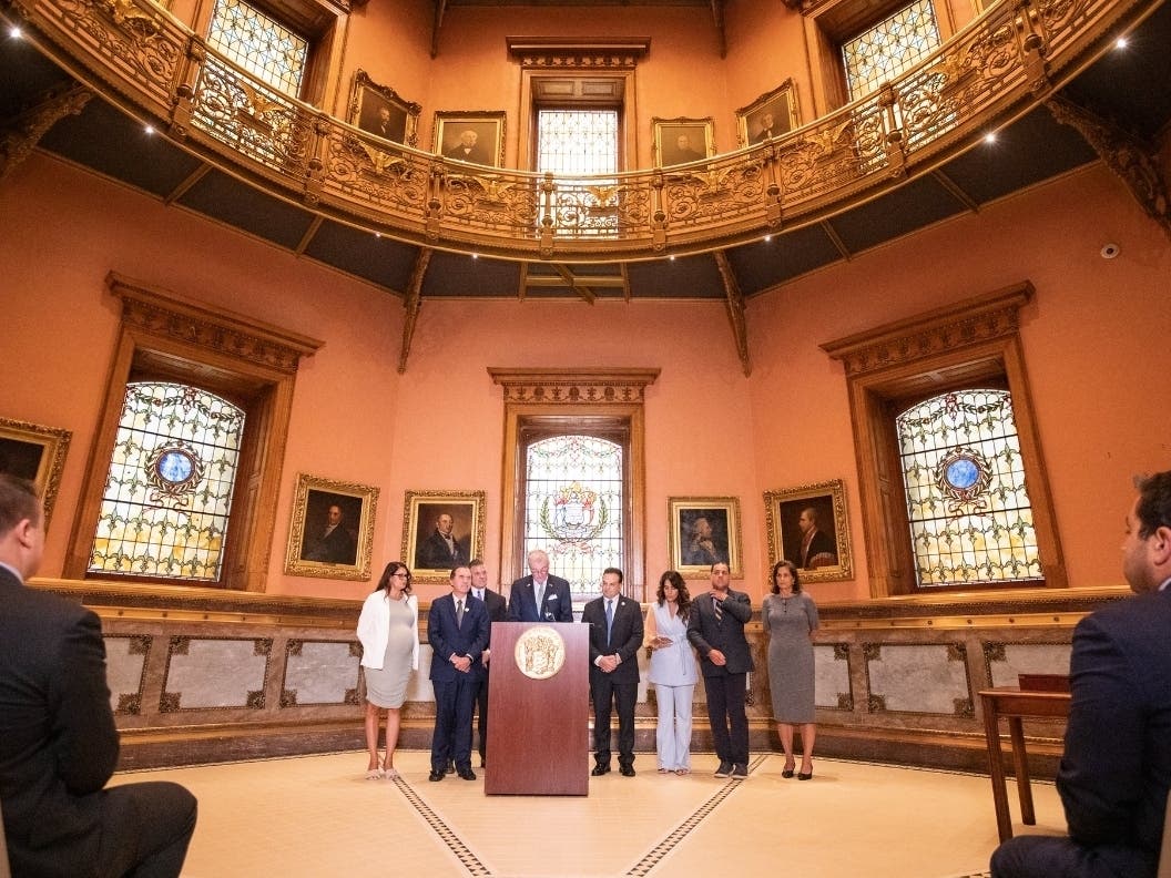 Governor Phil Murphy holds a press conference in the rotunda of the Statehouse to announce the signing of the state budget on June 30, 2023 in Trenton.