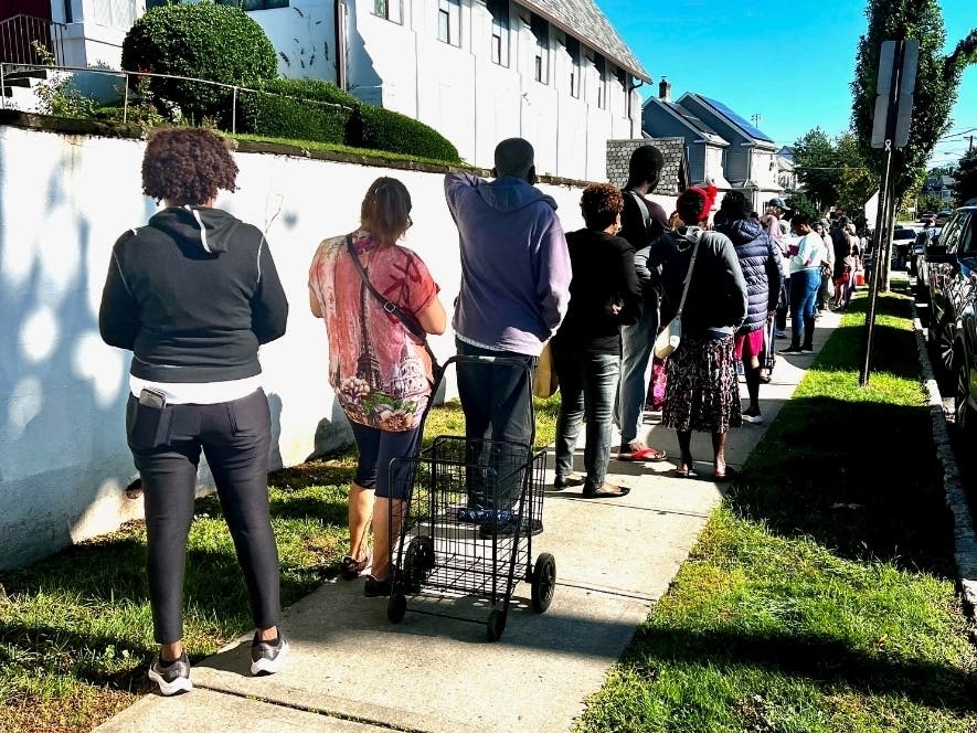 The nonprofit Holy Trinity-West Orange Food Pantry at 315 Main Street “provides healthy meals to struggling families.” It serves residents of West Orange, East Orange, South Orange and Orange. Above, people line up outside the pantry in January 2024.