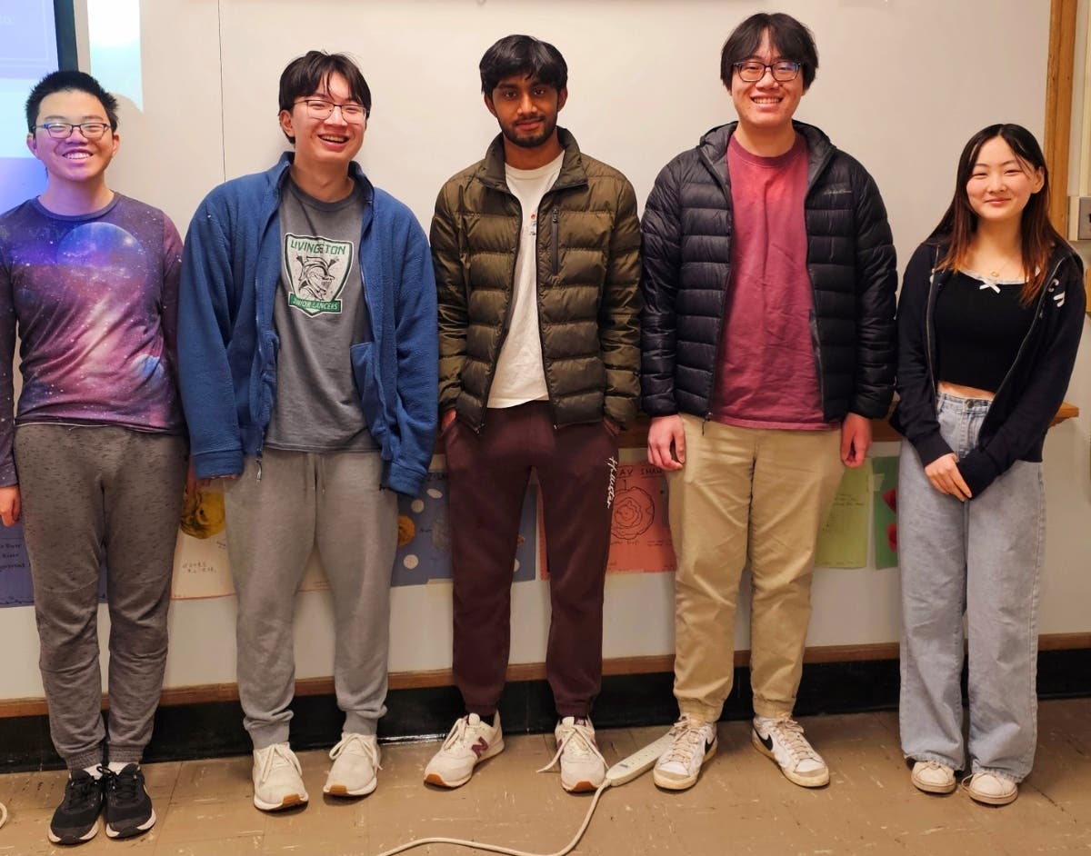 From left: Livingston High School students and M3 Challenge finalists Timothy Wu, Kevin Zhang, Harsh Akunuri, Nathan Zhang, and Olivia Mei.