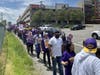 Unionized nurses and their supporters gather for a picket line at Clara Maass Medical Center in Belleville, New Jersey on May 8.