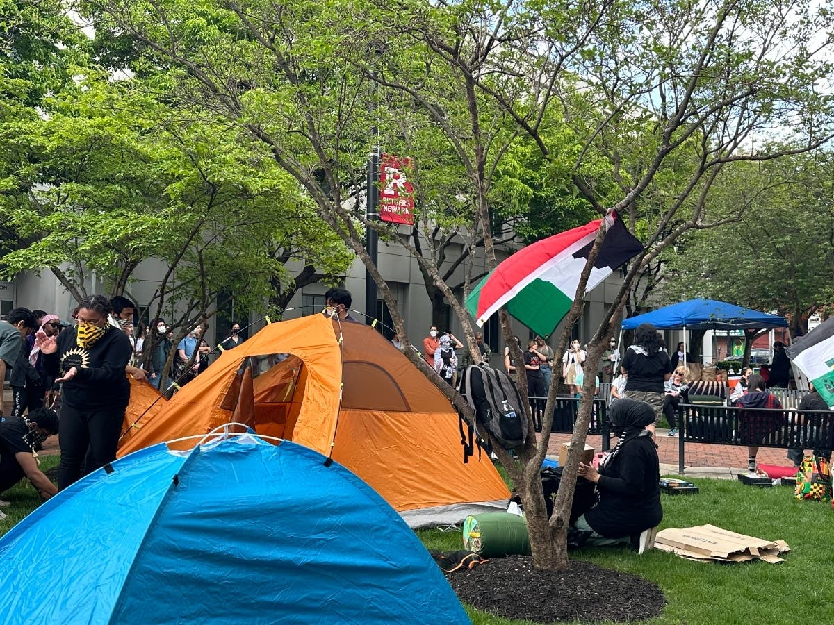 A coalition of students, faculty and community members set up a “Gaza solidarity camp” in front of Rutgers Law School in Newark on May 1. It remains standing as of May 22.