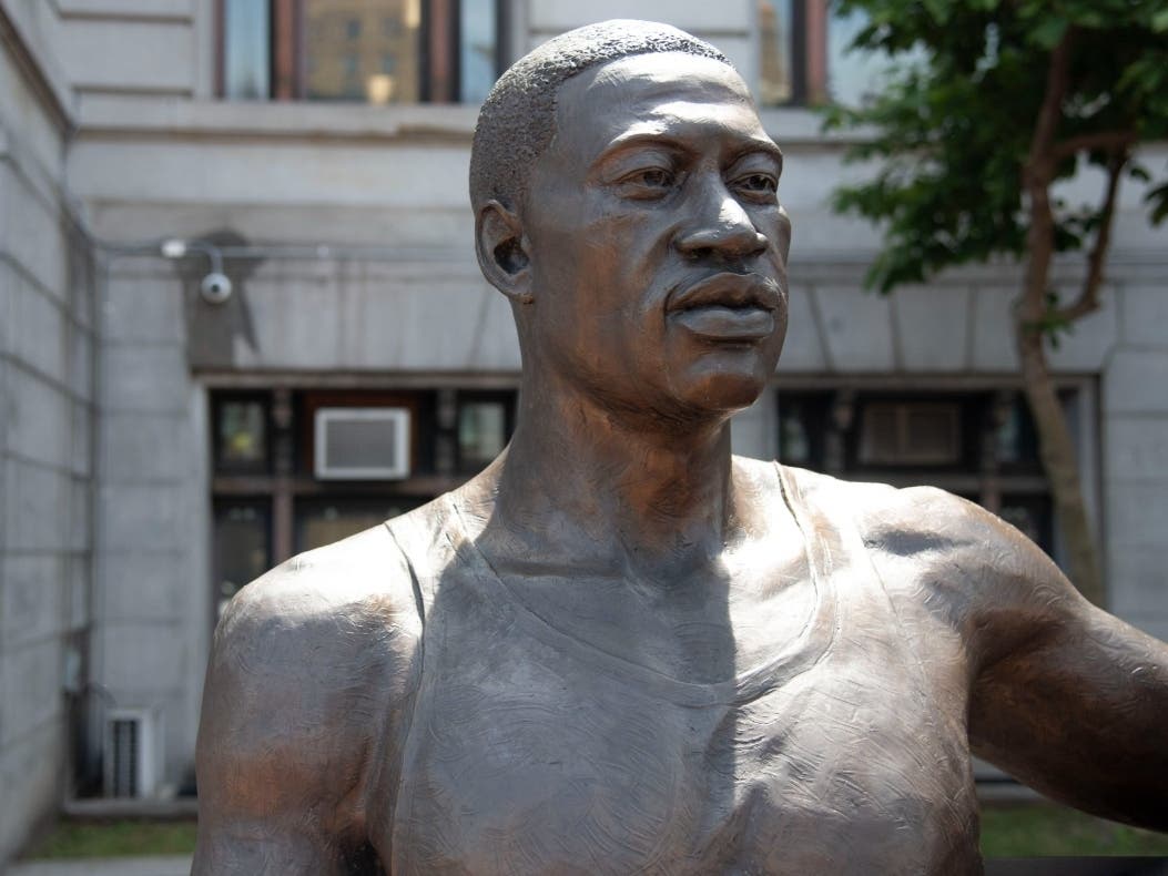 A rally was held in Newark last weekend to mark the fourth anniversary of George Floyd’s murder. Above, a statue of Floyd commissioned by the city in Newark, NJ.
