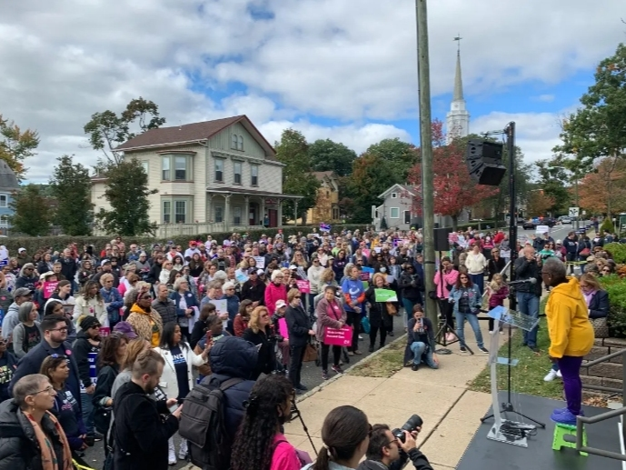 A coalition of advocates and lawmakers gather at a “March to ROEvember” rally in October 2022 to support reproductive rights, including abortion, in Montclair, New Jersey.