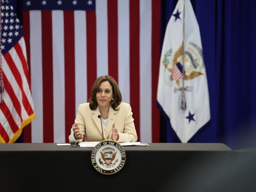 Vice President Kamala Harris takes part in a roundtable discussion with several elected officials and advocates in Essex County, New Jersey on Monday, July 18, 2022.