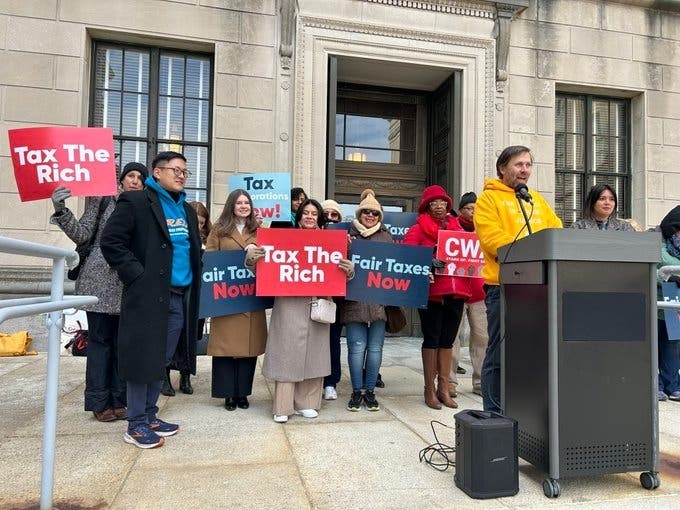 On Thursday, a coalition of advocacy groups rallied in Trenton, New Jersey to demand that lawmakers balance a looming state budget shortfall by raising taxes on wealthy businesses and residents instead of cutting social services.
