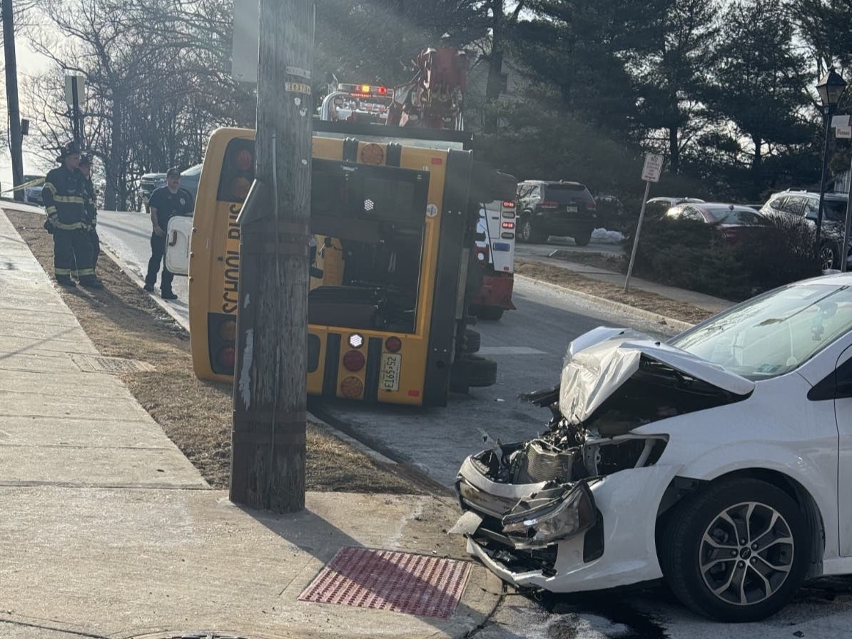 A two-vehicle crash involving an overturned school bus took place near the border of Verona and Montclair on Feb. 24, 2025.