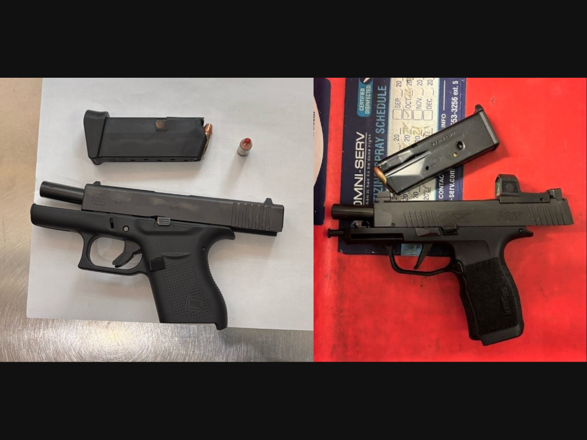 Left: A Mountain Lakes, N.J., man was stopped with this loaded gun at Newark Airport on March 15. Right: A Pearl River, N.Y., man was stopped with this firearm at Newark Airport on the same day.