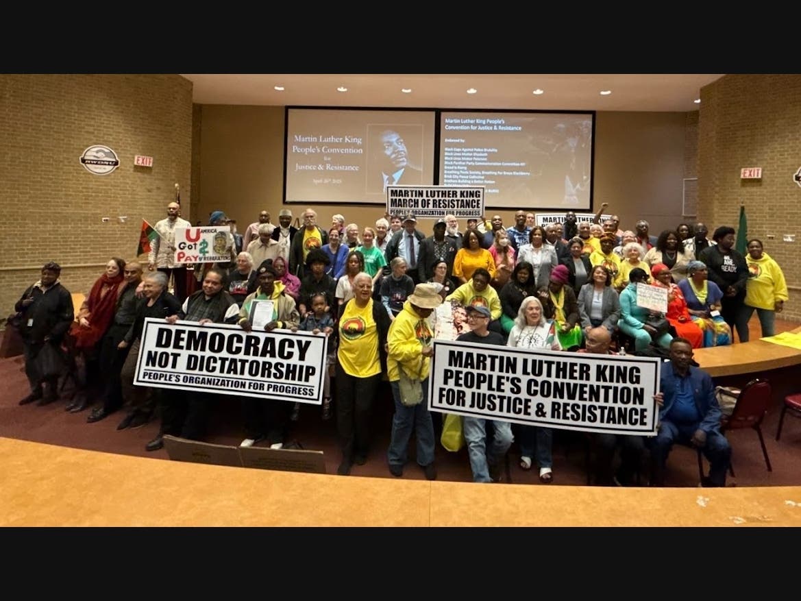 A delegation of social justice advocates gather at Essex County College’s campus in Newark, New Jersey at the Martin Luther King People’s Convention for Justice and Resistance on April 26, 2025.
