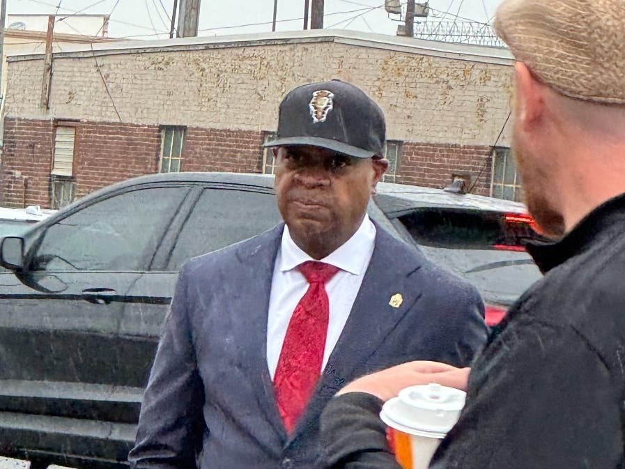 Newark Mayor Ras Baraka stands outside Delaney Hall in Newark, NJ on May 9, 2025.