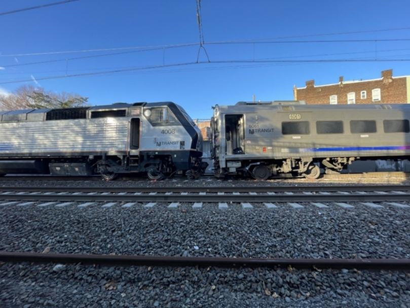 The NTSB released a photo that shows the point of collision, with the locomotive of the struck train on the left, and the lead cab car of the striking train on the right.