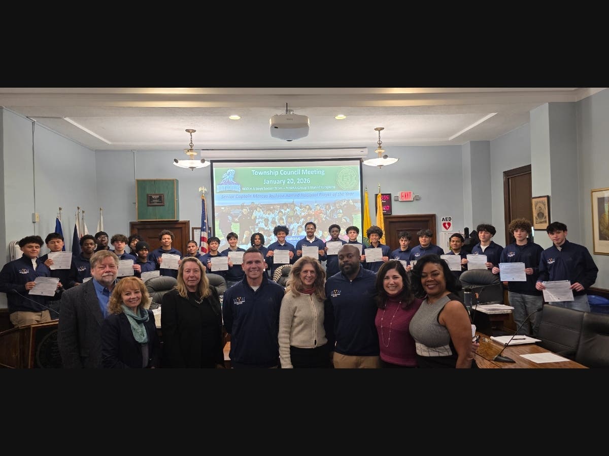 Mayor Susan McCartney and the West Orange Township Council welcome the West Orange High School Boys Soccer team to the council chambers during the conference agenda of the January 20 council meeting.