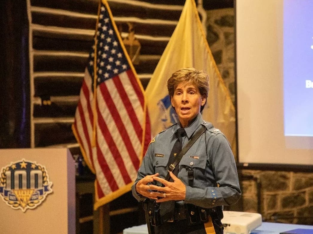 Jeanne Hengemuhle and several command staff members welcome participants from across the state to Week 1 of the New Jersey State Police Citizens Academy at Division Headquarters in West Trenton on Oct. 5, 2022.
