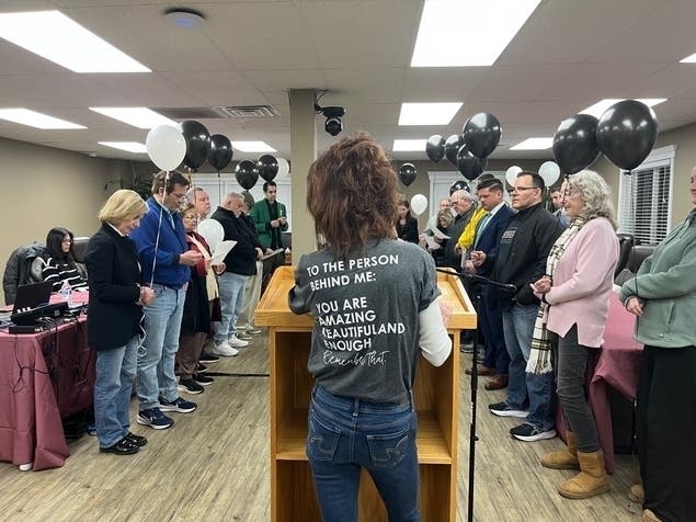 Organizers hold a Black Balloon Day tribute at a Nutley Board of Commissioners meeting to remember victims of the nation’s ongoing opioid epidemic.