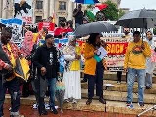 Protesters rally at a "No Kings" rally in Newark, New Jersey.