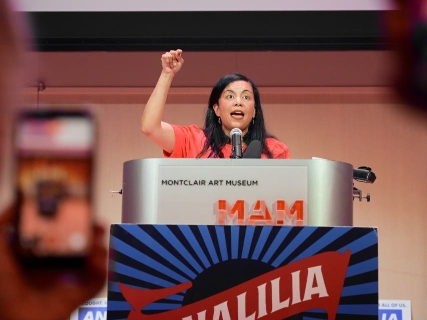 Analilia Mejia speaks at a post-election rally in Essex County, New Jersey on April 16, 2026.