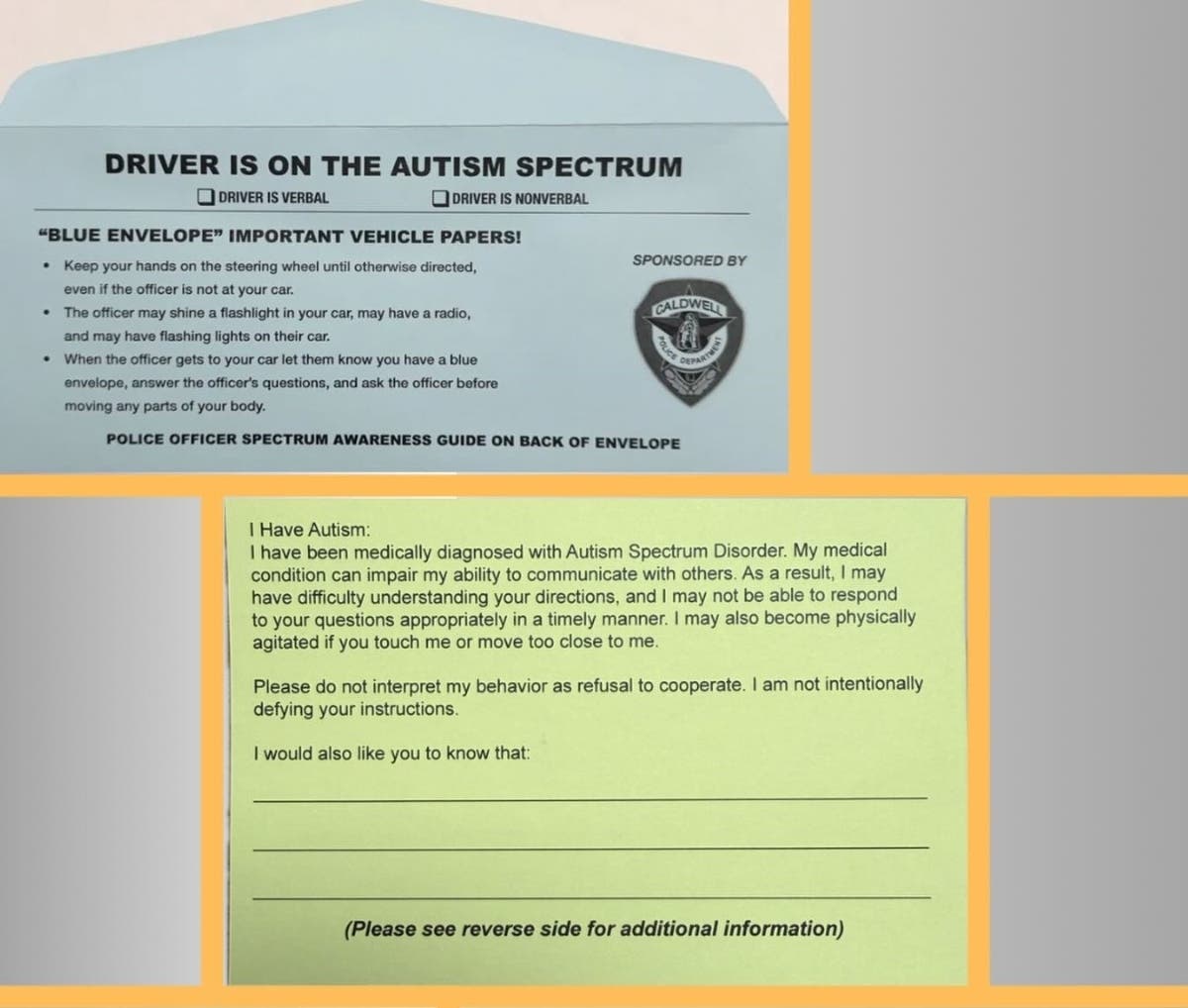 The Caldwell Police Department has adopted a “Blue Envelope” program.