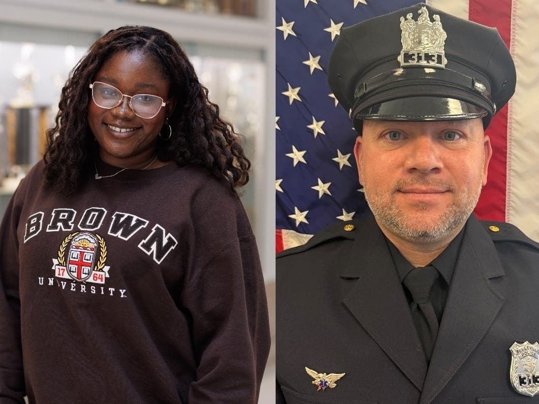 At left, a student in Newark earned acceptance into Brown University. At right, a police officer in Belleville earned recognition as the town's "Officer of the Month."