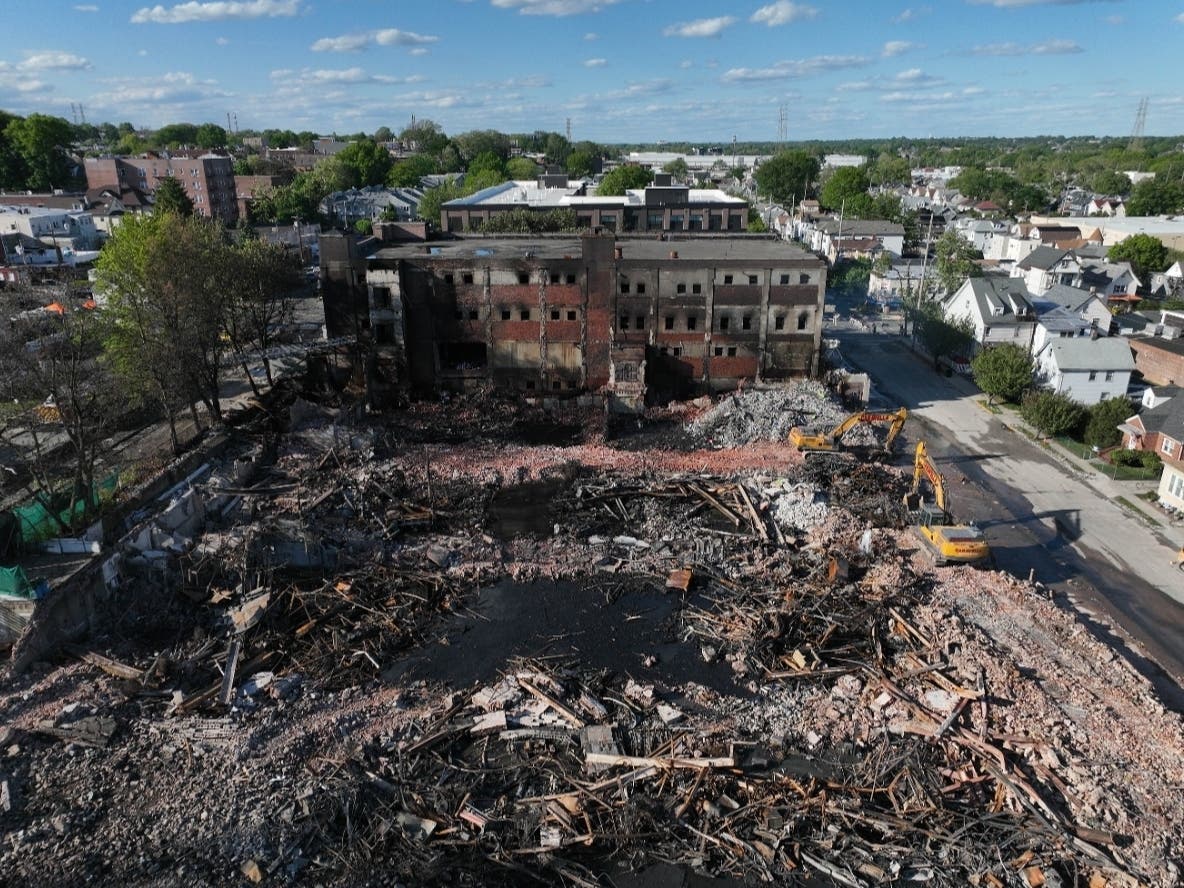 A view of the aftermath of a warehouse fire that took place on May 3, 2026 in Belleville, N.J.