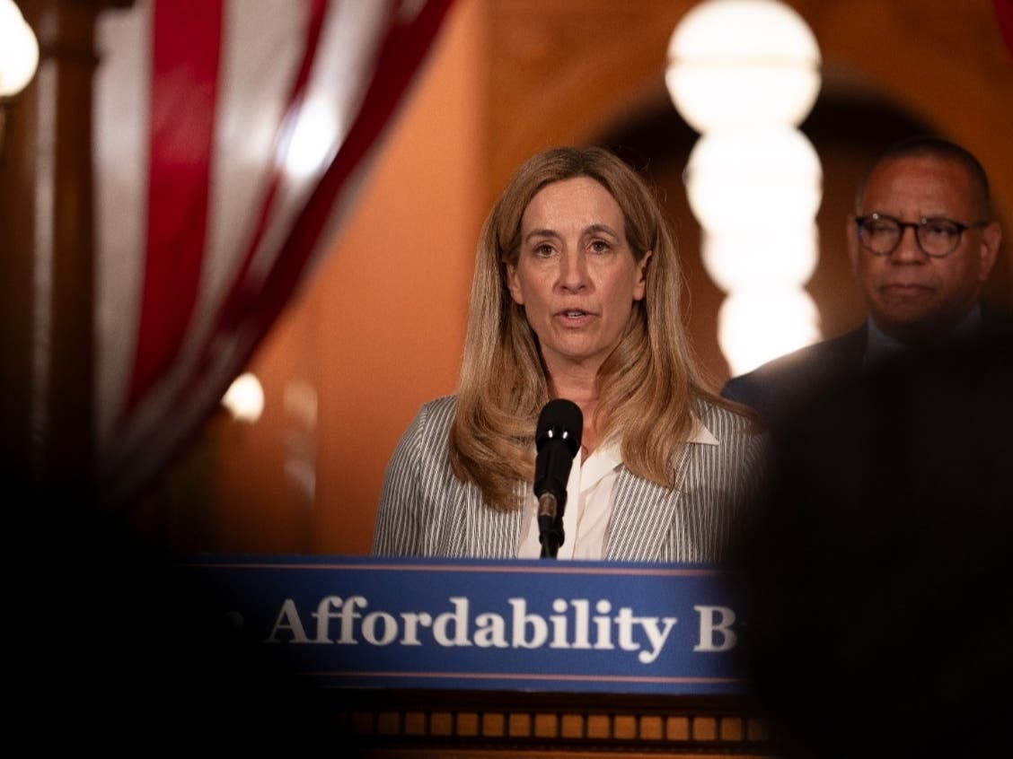 Gov. Mikie Sherrill, Lt. Gov. Dale Caldwell and Legislative leaders hold a press conference in the rotunda at the statehouse in Trenton, N.J. on Tuesday, June 30, 2026.